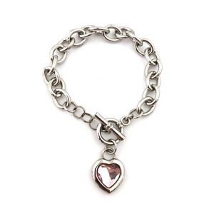 Vtg Pink Heart Silver Toggle Cable Chain Bracelet